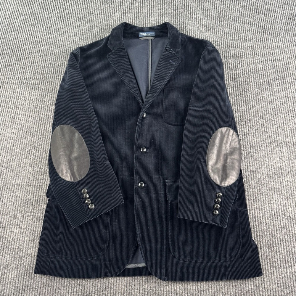 Vintage Polo Ralph Lauren Blazer 46R Blue Cotton Leather Elbow Patch Preppy Ivy